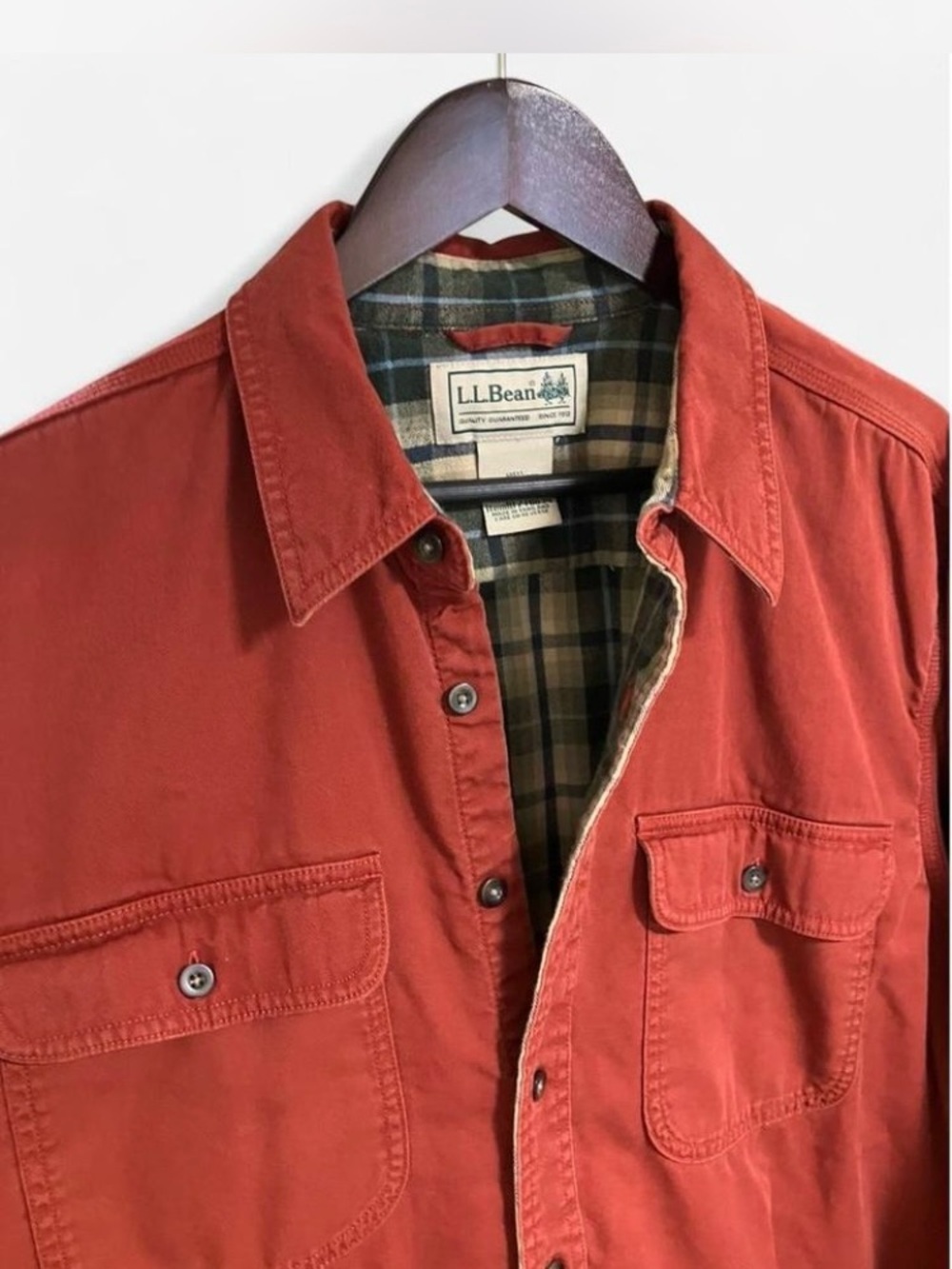 L.L. Bean Men's Rust Red Shirt Jacket Plaid Lining 100% Cotton Size Large